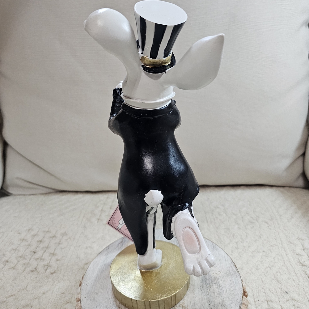 Mad Hatter Balancing Easter Bunny Black White & Gold Figurine With Watch Viral - Picture 4 of 4